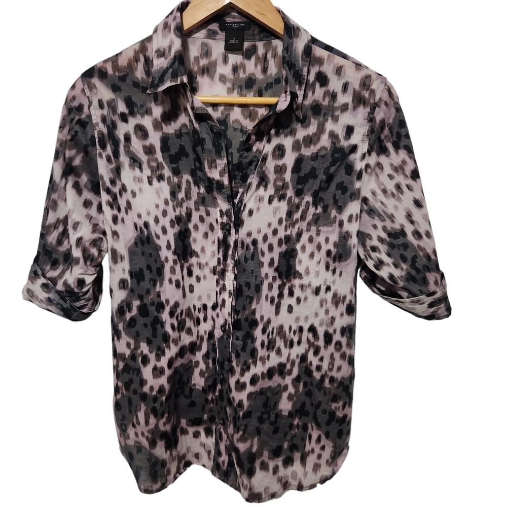 Ann Taylor Top Boho Animal Print Button Up Short Sleeve Shirt